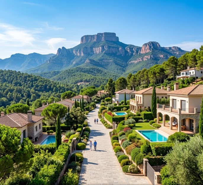 Vistas de las calles tranquilas, la naturaleza, la montaña de Sant Llorenç y zonas residenciales exclusivas en Matadepera